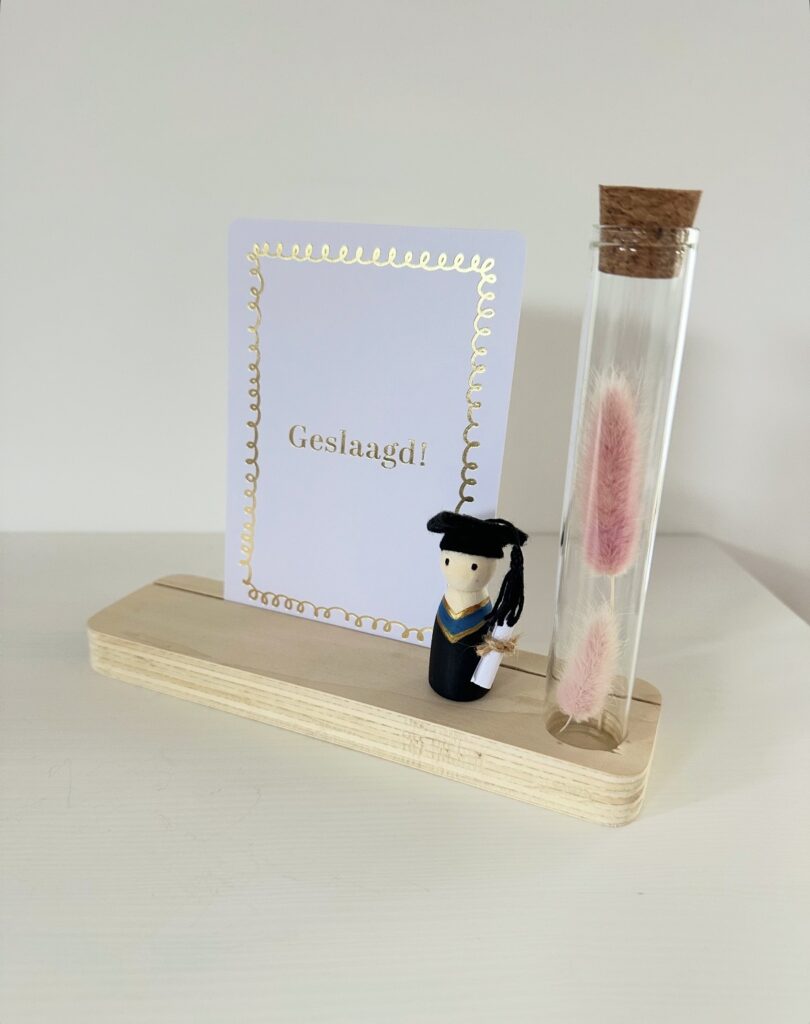 Cadeau voor een geslaagde met kaart, handgeschilderde pegdoll en droogbloemen
