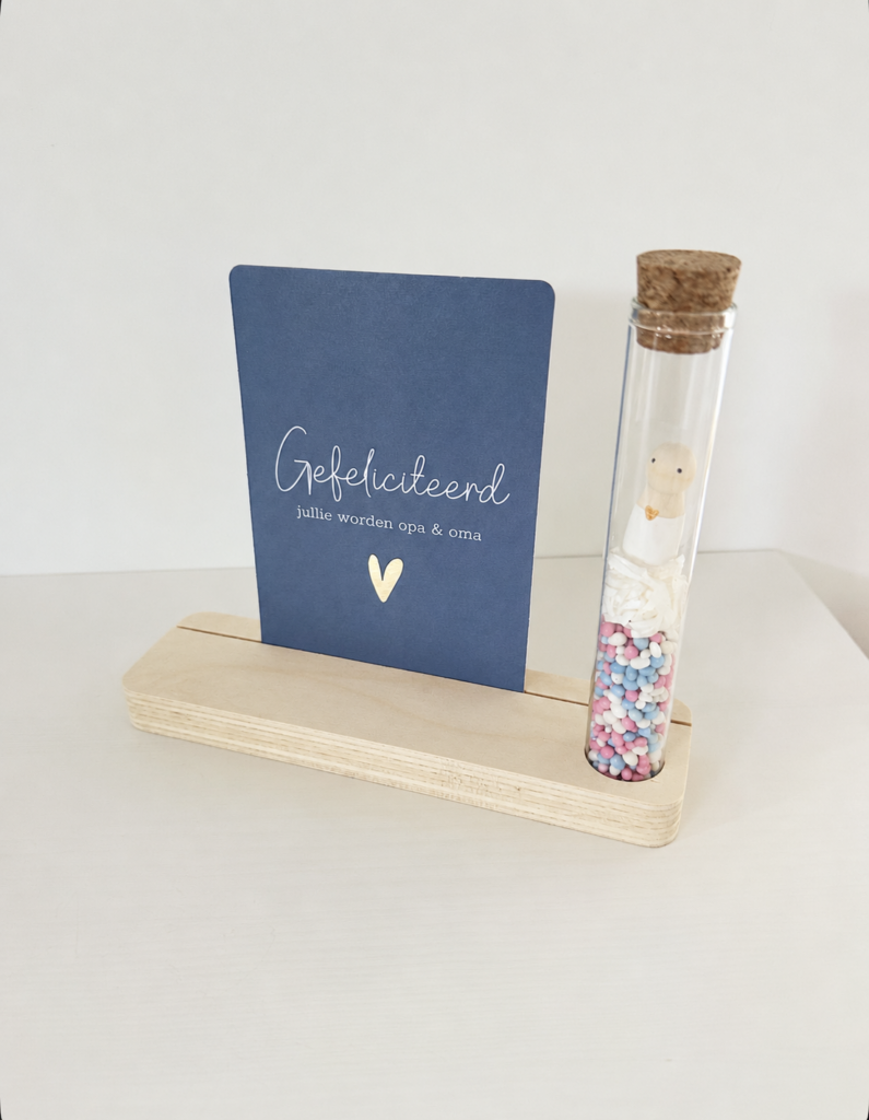 Cadeau om te vertellen dat jullie opa en oma worden met kaart en baby pegdoll